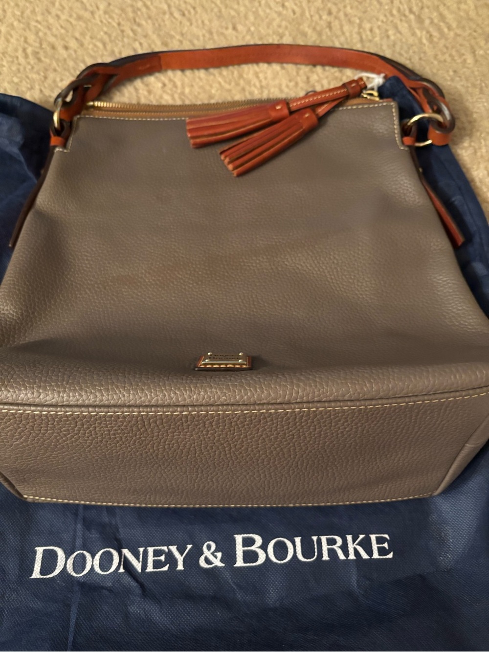Dooney & Bourke Taupe Pebbled Leather Shoulder Bag with Brown Trim